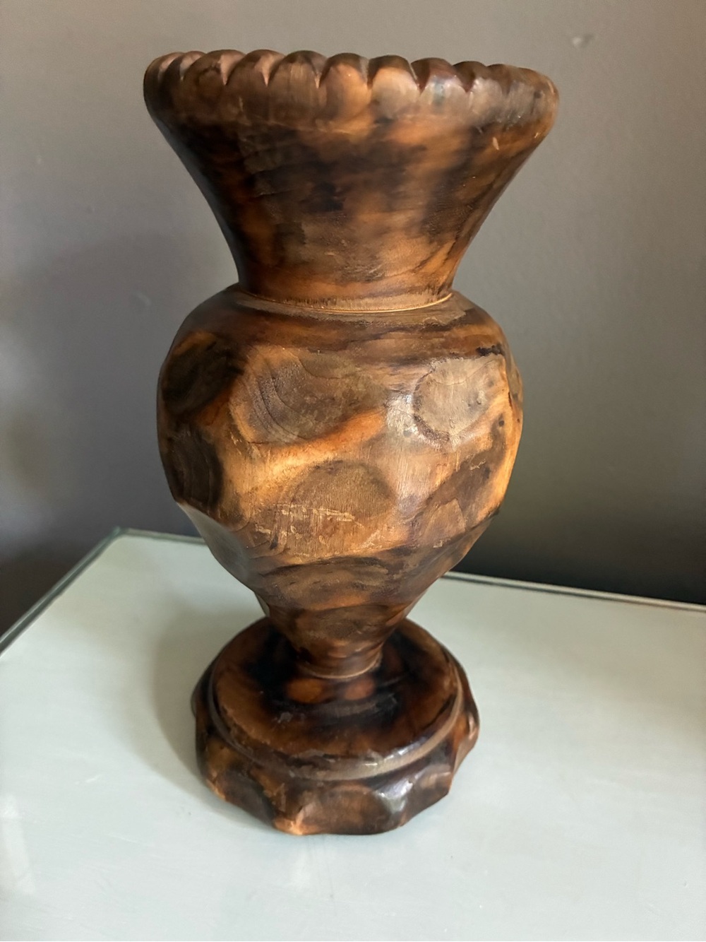 Decorative Hand-Carved Turned Wood Vase - Brown